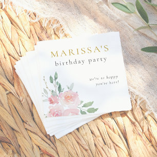 Gold Script Painted Floral Birthday Party Napkins