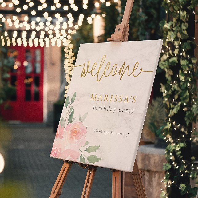 Gold Script Painted Floral Birthday Party Welcome Poster (Creator Uploaded)