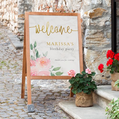 Gold Script Painted Floral Birthday Party Welcome Poster