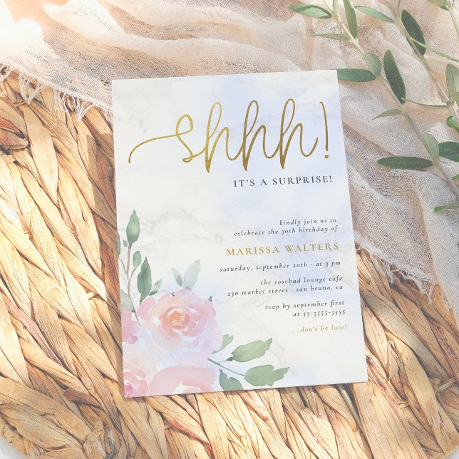 Gold Script Painted Floral Surprise Birthday Party Invitation (Creator Uploaded)