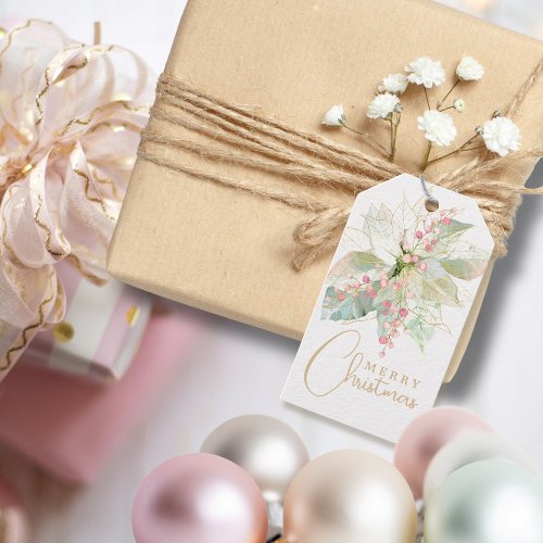 Gold Script Pastel Pink Poinsettia Christmas  Gift Tags