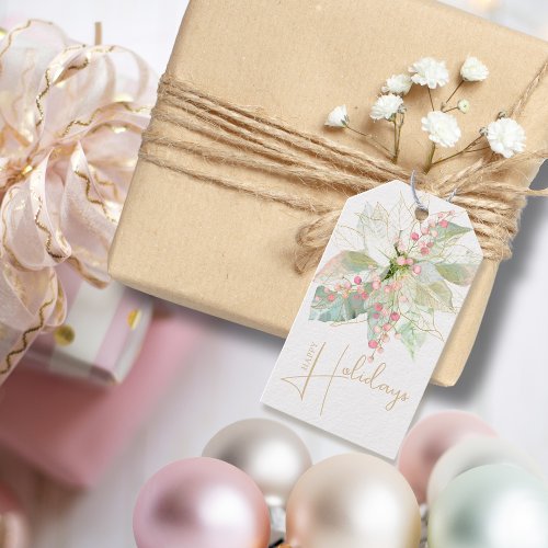 Gold Script Pastel Pink Poinsettia Holiday Gift Tags