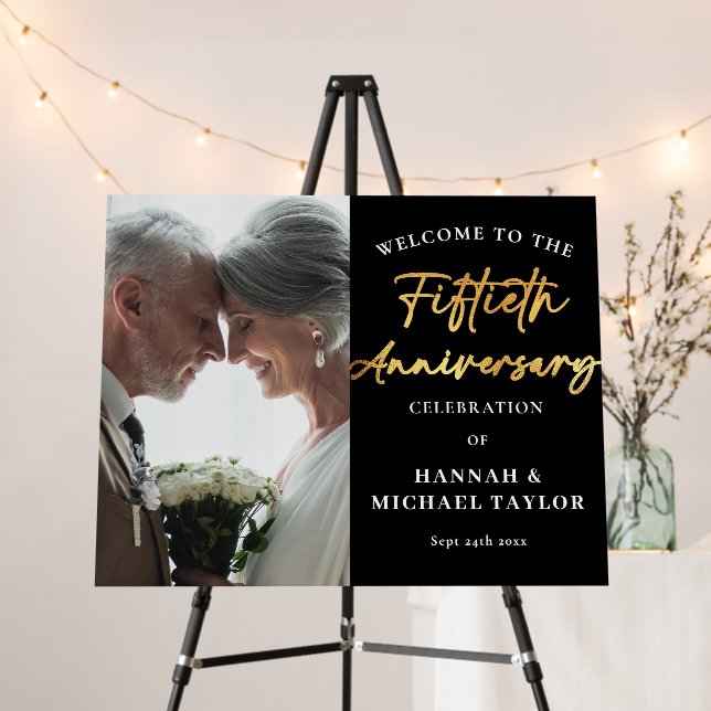 Gold Script Photo 50th Wedding Anniversary Welcome Foam Board (In Situ (Stand))