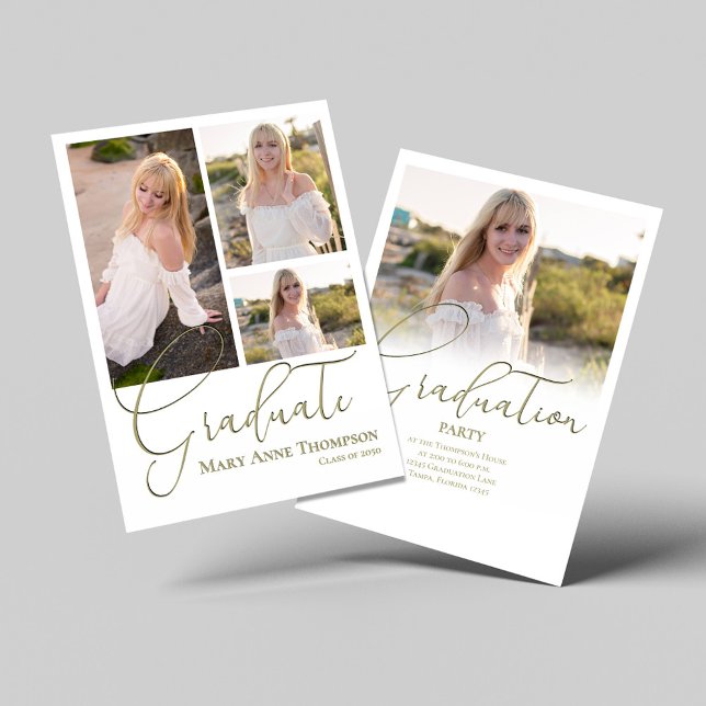 Gold Script Photo Collage Graduation Party Classic Invitation (Gold script graduation photo collage with customizable senior portraits.)