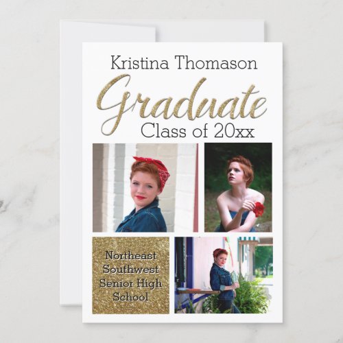Gold Script Photo Collage High School Graduation 5x7 Paper Invitation Card