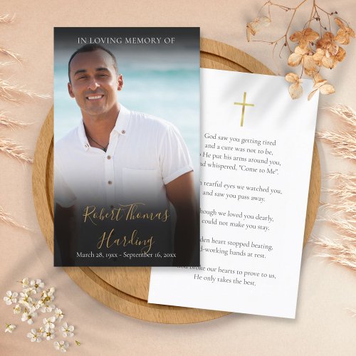 Gold Script Photo Funeral Memorial Prayer Cards