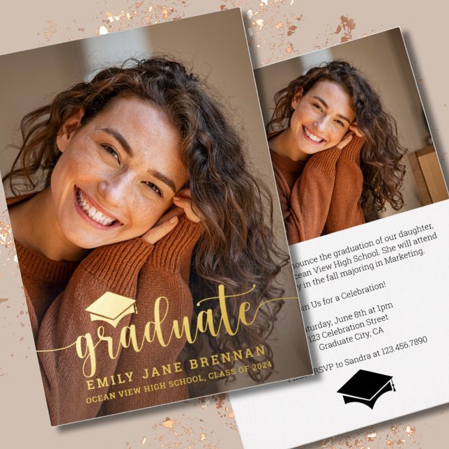 Gold Script Photo Graduation Announcement Card (Creator Uploaded)