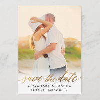 Gold Script Photo Save the Date in Faux Foil