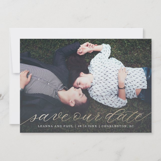 Gold Script Photo Save the Date in Faux Foil (Front)