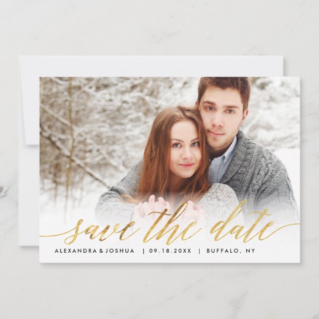 Gold Script Photo Save the Date in Faux Foil (Front)
