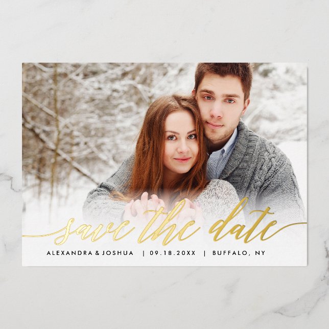 Gold Script Photo Save the Date in Gold Foil Foil Invitation (Front)