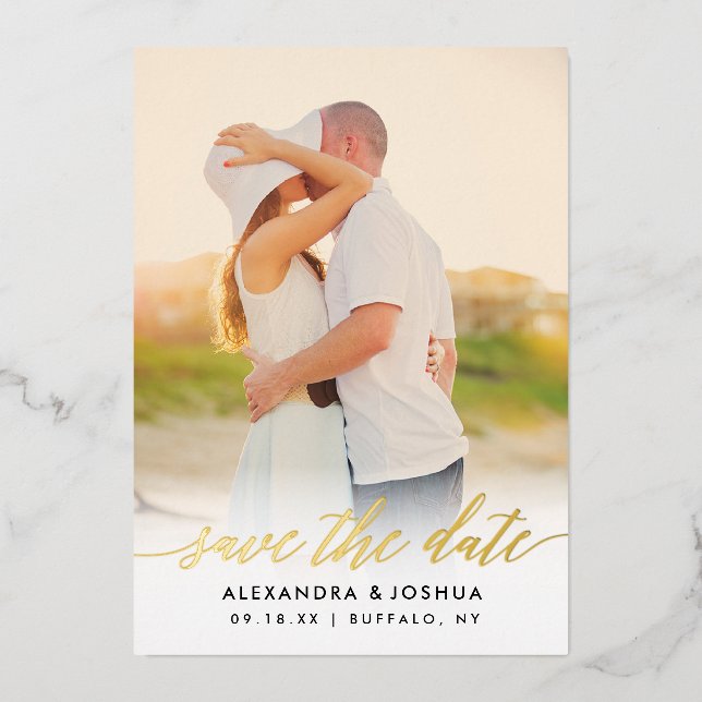 Gold Script Photo Save the Date in Gold Foil Invitation (Front)
