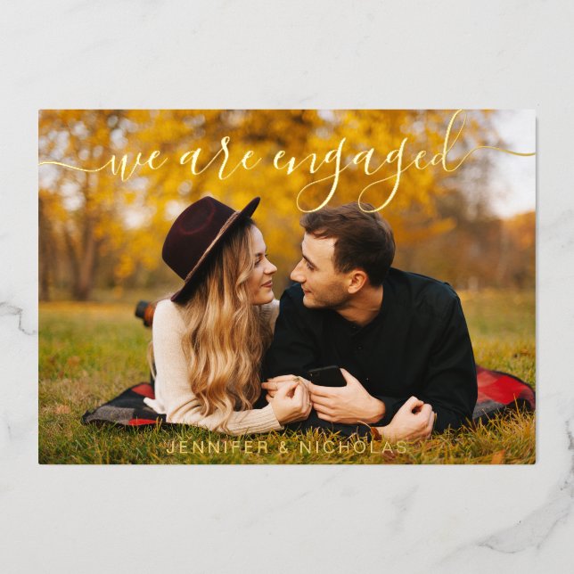 Gold Script Photo Wedding Engagement Save the Date Foil Invitation (Front)