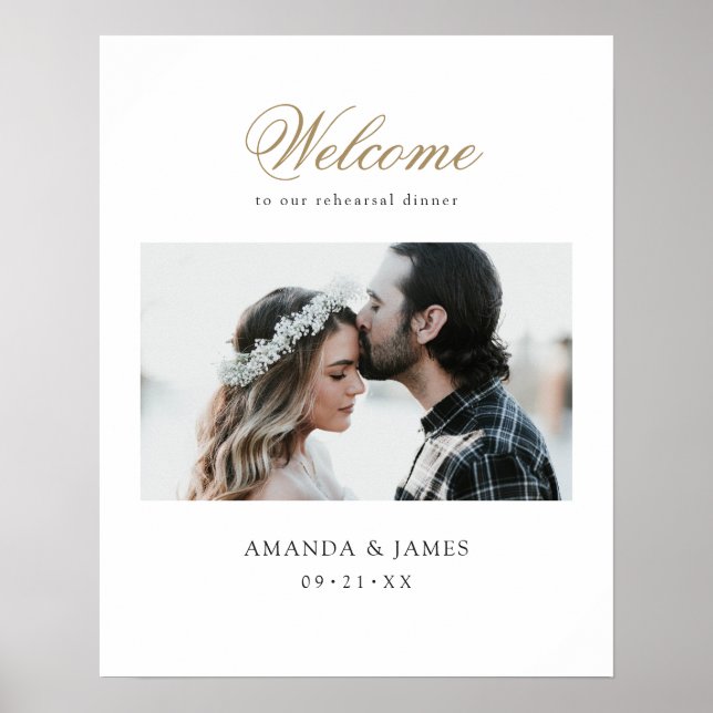 Gold Script Photo Wedding Rehearsal Dinner Welcome Poster (Front)