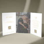 Gold script photo wedding RSVP details QR code  Tri-Fold Invitation<br><div class="desc">Modern simple minimal typography trendy faux gold typography white all in one budget wedding invitation template with 2 photos, rsvp, and details with scanning QR codes featuring a chic trendy calligraphy script and transparent overlay. Easy to personalize with one or two custom photos (you can upload the same photo on...</div>