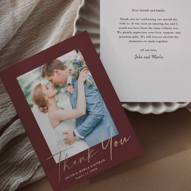 Gold script photo wedding thank you modern minimal (Elegant gold script wedding photo thank you cards.)