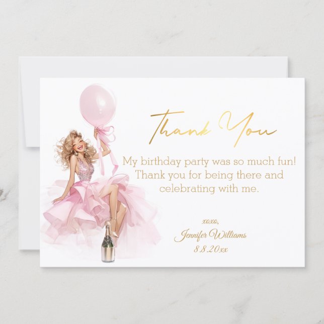 Gold Script Pink Dress Girl Birthday Thank You Note Card (Front)