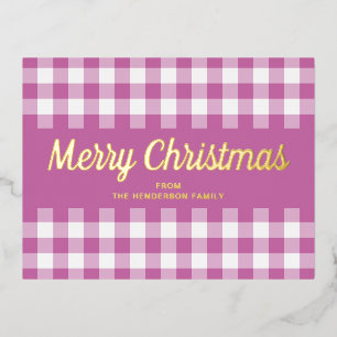 Gold Script Pink Gingham Merry Christmas Foil Holiday Postcard