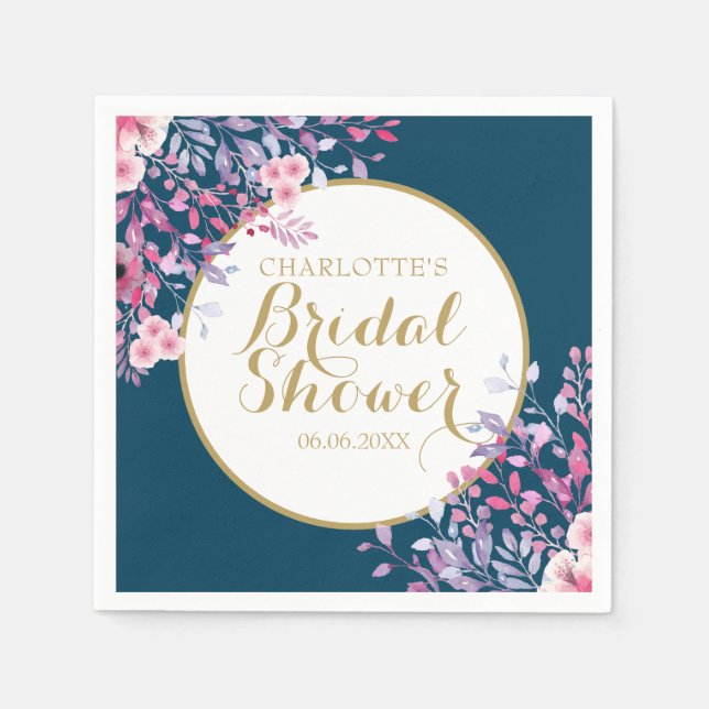 Gold Script Pink Meadow Floral Bridal Shower Napkins (Front)