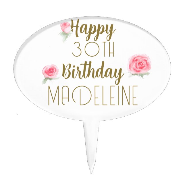 Gold Script Pink Roses White Classy Happy Birthday Cake Topper (Front)