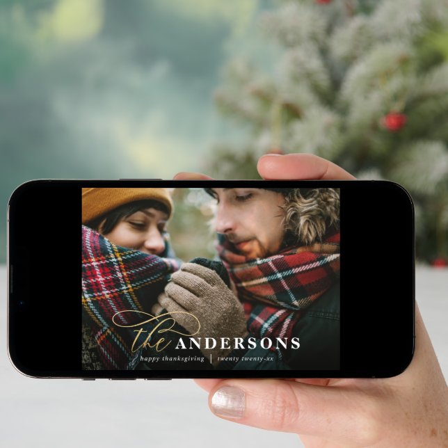 Gold script plaid backer 1 photo thanksgiving holiday card (Front Digital)