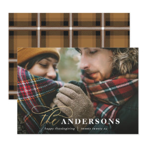 Gold script plaid backer 1 photo thanksgiving holiday card