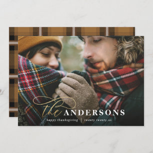Gold script plaid backer 1 photo thanksgiving holiday card