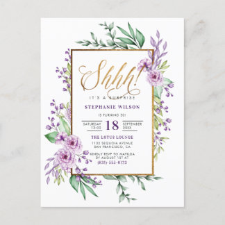 Gold Script Purple Floral Surprise Birthday Party Invitation Postcard