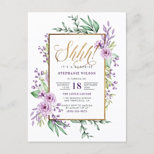 Gold Script Purple Floral Surprise Birthday Party Invitation Postcard