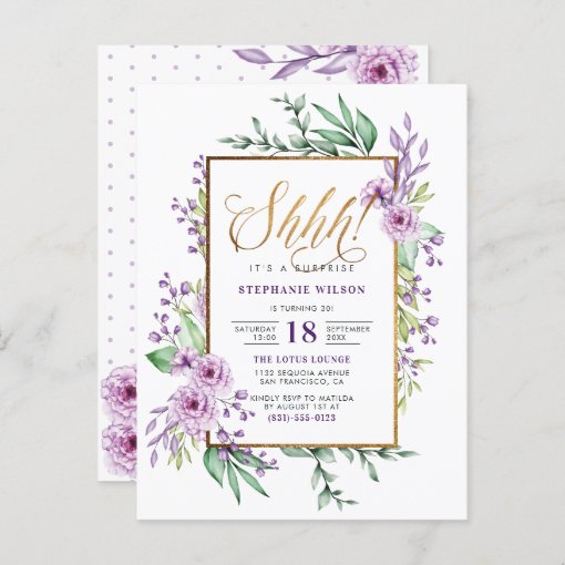 Gold Script Purple Floral Surprise Birthday Party Invitation Postcard