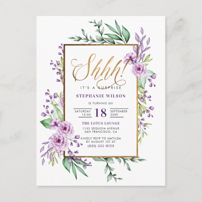 Gold Script Purple Floral Surprise Birthday Party Invitation Postcard (Front)