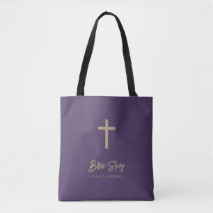 Gold Script Purple Personalized Bible Study Tote Bag