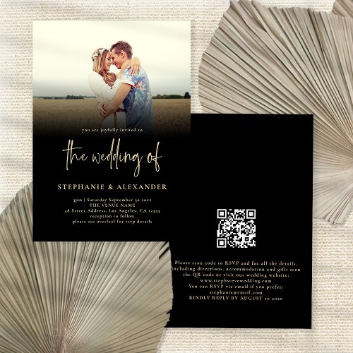 Gold Script QR Code Black Photo Overlay Wedding Invitation