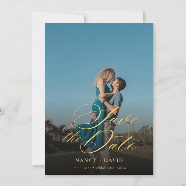 Gold Script  Qr Code Photo Wedding Save The Date (Front)