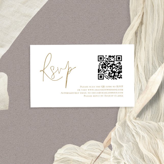 Gold Script QR Code Wedding RSVP  Enclosure Card (Elegant small RSVP 3.5 x 2" enclosure with QR code. Part of a matching wedding suite)