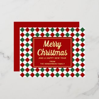 Gold Script Red Checked Pattern Merry Christmas