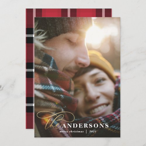 Gold script red plaid backer 1 photo Christmas Holiday Card