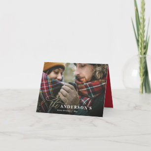 Gold script red plaid backer 1 photo Christmas Holiday Card