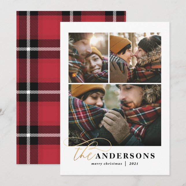 Gold script red plaid backer 3 photo Christmas Holiday Card (Front/Back)