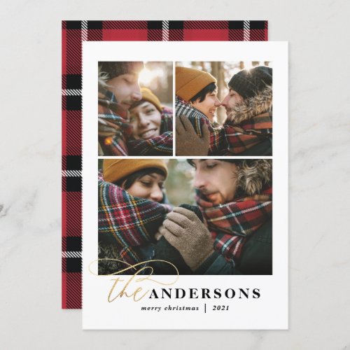 Gold script red plaid backer 3 photo Christmas Holiday Card