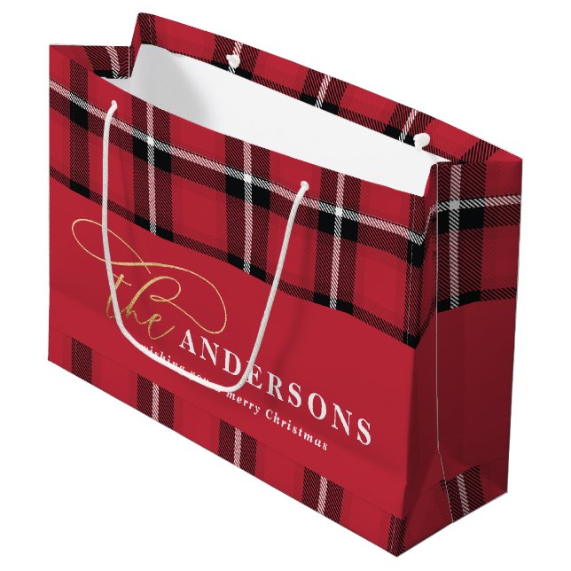 Gold script red plaid tartan rustic Christmas Larg Large Gift Bag (Front Angled)