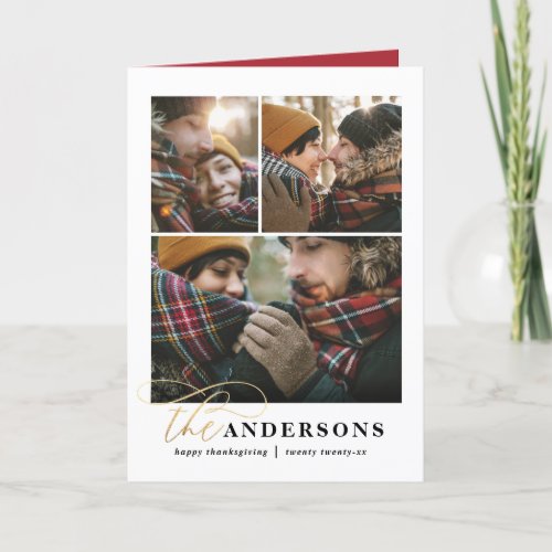 Gold script red plaid thanksgiving photo holiday card