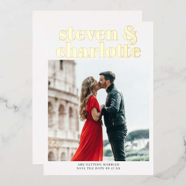 Gold script save the date wedding photo foil invitation (Front/Back)