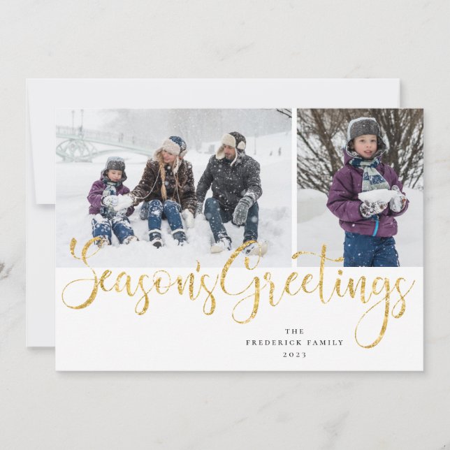 Gold Script Season's Greetings Tartan Photo Card (Front)