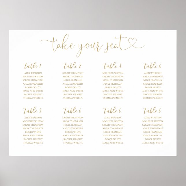 Gold Script Seating Chart Table Number Sign (Front)