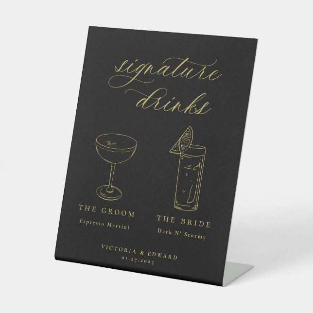 Gold Script Signature Drinks Black Wedding Pedestal Sign (Front)