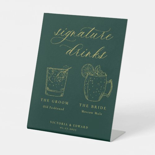 Gold Script Signature Drinks Emerald Wedding Pedestal Sign
