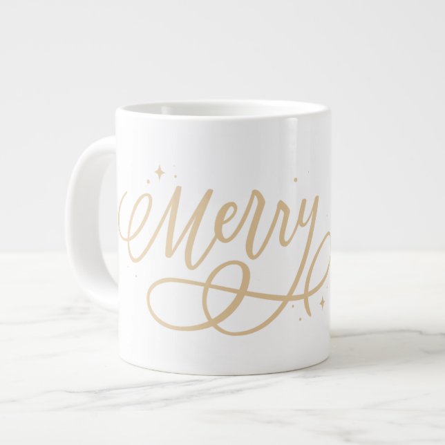 Gold Script Sparkly Bubbly Merry Holiday Gift Giant Coffee Mug (Front Left)