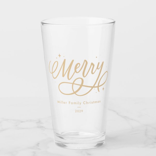 Gold Script Sparkly Bubbly Merry Holiday Gift Glass (Front)