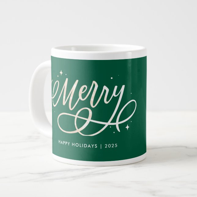 Gold Script Sparkly Merry Holiday Photo Gift Giant Coffee Mug (Front Left)